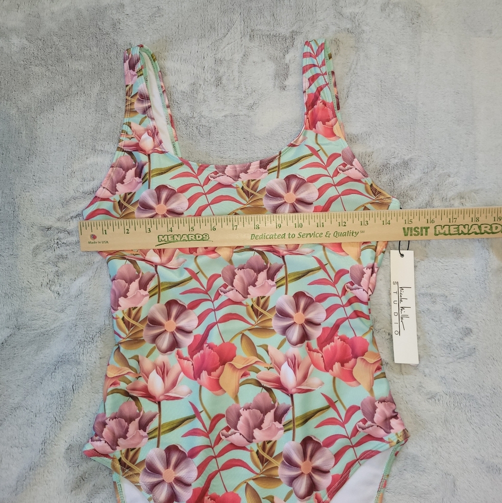 Nicole Miller Womens Size Small Floral Tropical 1 Piece Racerback Swimsuit Swim - Picture 2 of 10